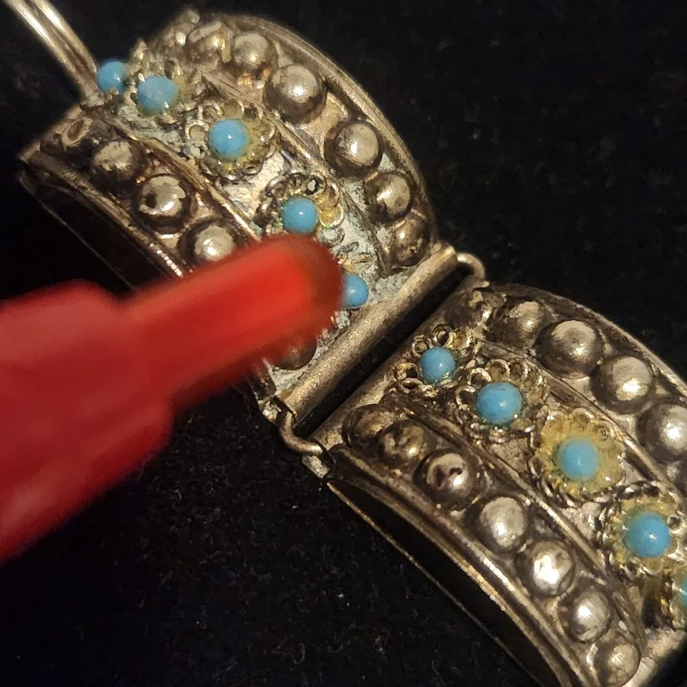 Vintage‎ Silver Tone Arched Link Bracelet Turquoise Bead Southwestern Boho Hook